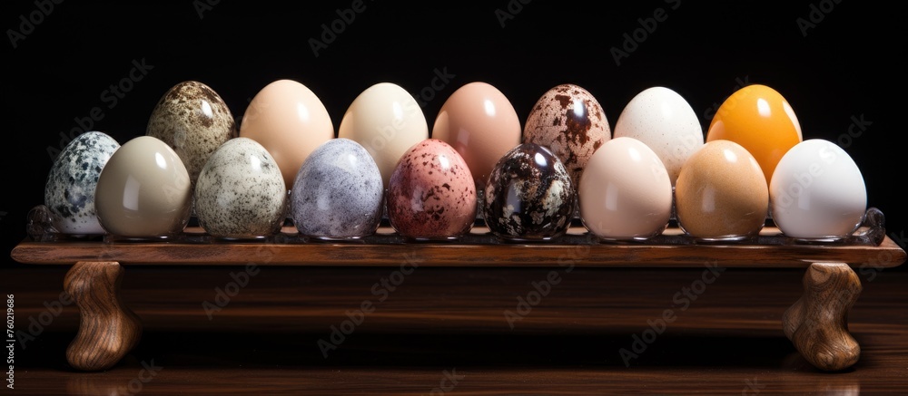 Poster rustic wooden stand displaying fresh farm eggs in a local market setting