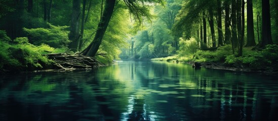 Obraz premium Tranquil River Flowing Through Lush Green Woods Surrounded by Nature's Beauty