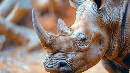 Deurstickers Close up portrait of a rhinoceros in the african savanna during a safari tour © Ziyan Yang