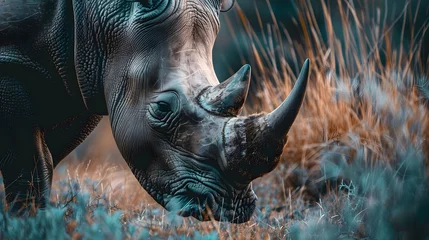 Fotobehang Close up portrait of a rhinoceros in the african savanna during a safari tour © Ziyan Yang