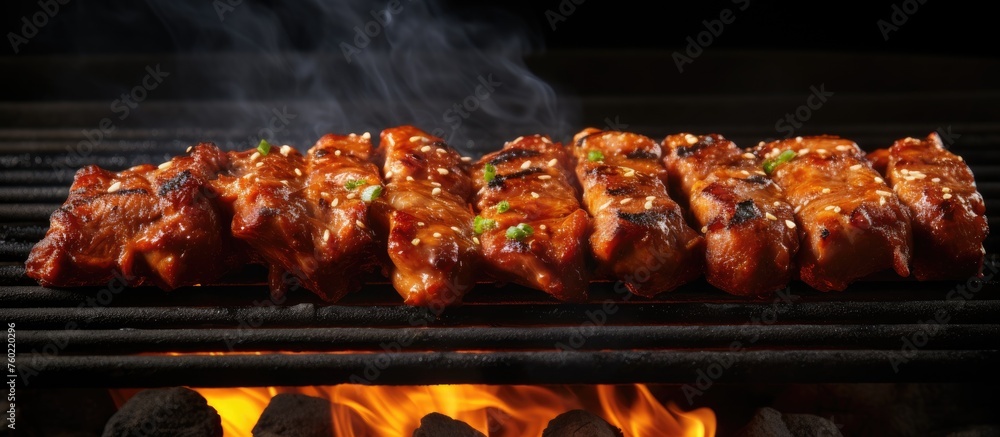 Poster Sizzling Grill Cooking Juicy Meat on a Summer BBQ Party Close Up