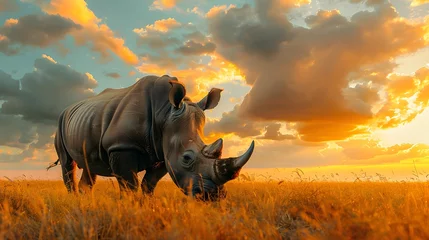 Selbstklebende Fototapeten Close up portrait of a rhinoceros in the african savanna during a safari tour © Ziyan Yang