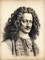 Gottfried Wilhelm Leibniz hand drawn sketch portrait on plain white background from Generative AI - obrazy, fototapety, plakaty