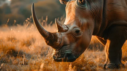 Fotobehang Close up portrait of a rhinoceros in the african savanna during a safari tour © Ziyan Yang