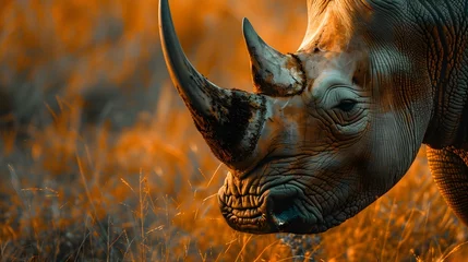Zelfklevend Fotobehang Close up portrait of a rhinoceros in the african savanna during a safari tour © Ziyan Yang