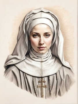 Saint Catherine of Siena hand drawn sketch portrait on plain white background from Generative AI