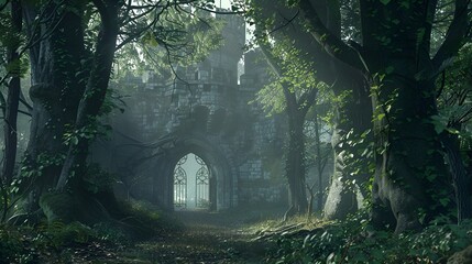 Scenery of an old castle gate in a deep forest