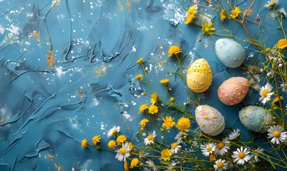 Zelfklevend Fotobehang Fluid watercolor flowers and Easter eggs pop against a bright blue background, creating a vibrant and whimsical pattern reminiscent of a citrus orchard in spring © Oleksandra