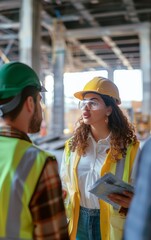Female Engineer Explaining Data Technical Meeting Inside Manufacturing Site.