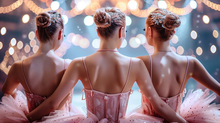 Three female ballet dancers wearing pink dresses shot from the back dancing in front of an audience...