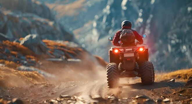 ATV overtaking on a rugged trail, utilizing rear curtain sync for dynamic motion effect, editorial photography