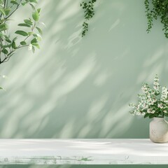 3d background, empty space on table, studio, greens and whites.