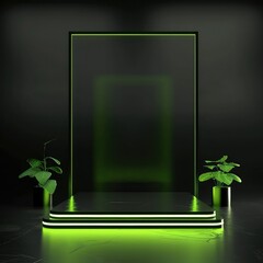 3d glass podium HQ black concret, lime gradient neon color, hyper realistic with light ambiant color in background shadow and reflection.