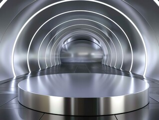 A futuristic tunnel forms the backdrop behind a round silver podium product display.