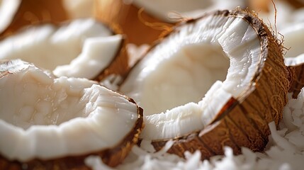 A fresh coconut with a naturally rich and inviting texture from a macro perspective. Coconut in a tropical fresh scene inviting sensory delight. - obrazy, fototapety, plakaty