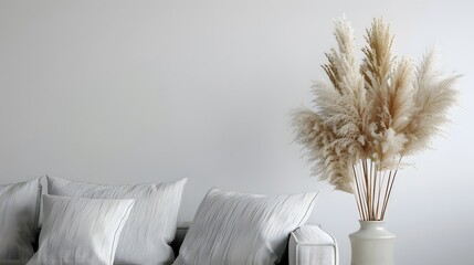 Pampas grass in decorative ceramic vase on table near gray sofa and white wall. Interior design of modern living room. Background with space for text. - obrazy, fototapety, plakaty