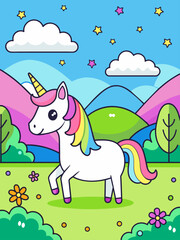 A magical unicorn frolics in a vibrant fantasy landscape, surrounded by lush meadows and sparkling rainbows.