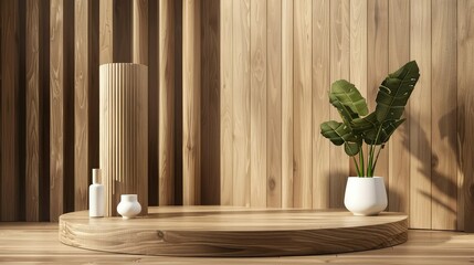 Round wooden flying podium for food, products or cosmetics against bright brown background.