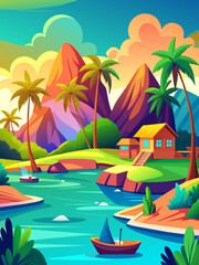 Azure water stretches towards a distant horizon, framed by lush greenery and majestic mountains.