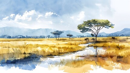 Watercolour illustration of an african landscape of the savanna, artistic modern and simple...