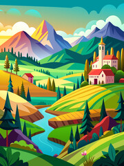 Fototapeta na wymiar Vector illustration of a scenic landscape with mountains, trees, and a river.