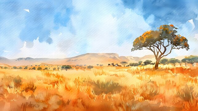 Watercolour illustration of an african landscape of the savanna, artistic modern and simple background
