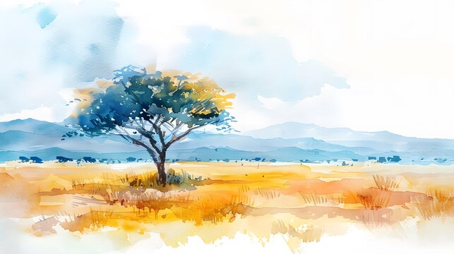 Watercolour illustration of an african landscape of the savanna, artistic modern and simple background
