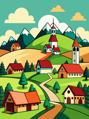 Naklejka premium A picturesque vector landscape of a tranquil village nestled amidst rolling hills and lush greenery.