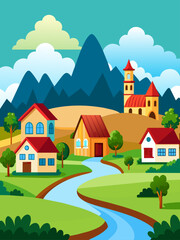 Obraz na płótnie Canvas Village vector landscape background depicts a quaint countryside with rolling hills, lush greenery, and traditional houses.