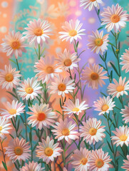 Fototapeta na wymiar White daisy flowers, flat lay, warm colors, rainbow background
