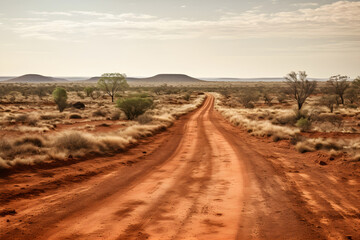 Fototapeta na wymiar The Enduring Path: A Symbolic Journey along a Dusty Unpaved Road amidst Harsh Arid Landscape