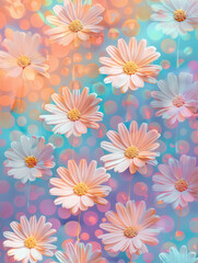 White daisy flowers, flat lay, warm colors, rainbow background