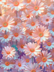 Fototapeta na wymiar White daisy flowers, flat lay, warm colors, rainbow background