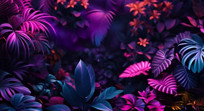 Neon urban jungle with digital wildlife and vibrant plants,