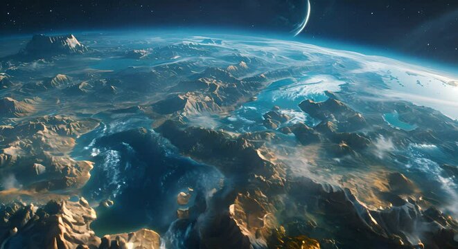 Space view of an alien planet, with distinctive landforms and waters