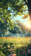 Obraz premium A tree in front of a meadow with a variety of white and orange flowers with lush green leaves is in the background.
