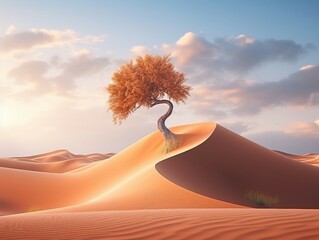 Dry tree in the desert. 3D illustration. Sunset.