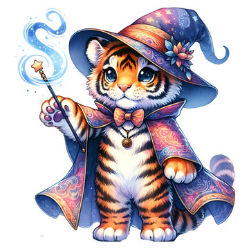 recommend clip art: Cute watercolor animal character as a magician with magic clipart of tiger