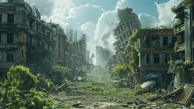 A post-apocalyptic cityscape lies in ruins, nature reclaiming the remnants of a forgotten world, digital illustration