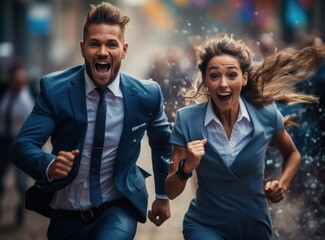 Corporate marathon triumph: businesspeople group in suits crossing finish line, embodying struggle for success, determination, and teamwork in the competitive world of business and beyond - obrazy, fototapety, plakaty