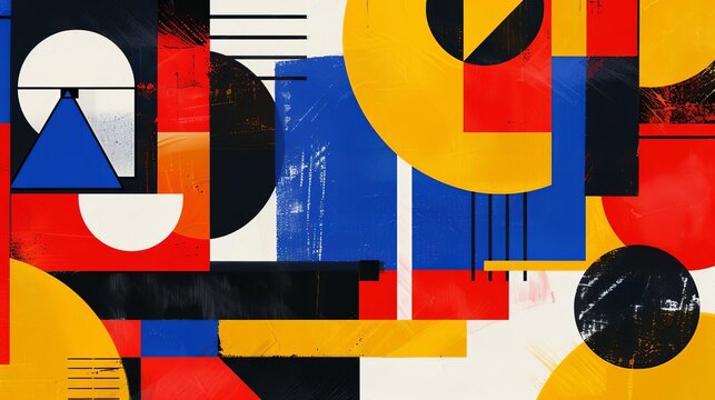 Abstract Geometric Shapes and Lines in Bold Primary Colors, Bauhaus Inspired Digital Art
