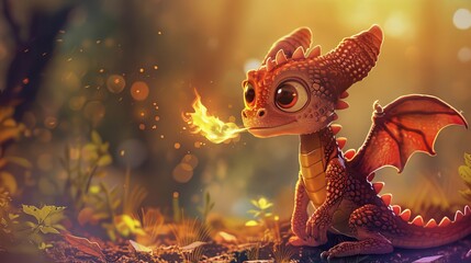 Adorable baby dragon learning to breathe fire, humorous fantasy character, children's digital illustration - obrazy, fototapety, plakaty