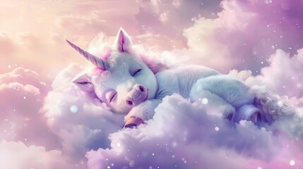 Adorable baby unicorn sleeping on fluffy cloud, dreamy pastel fantasy, children's digital painting