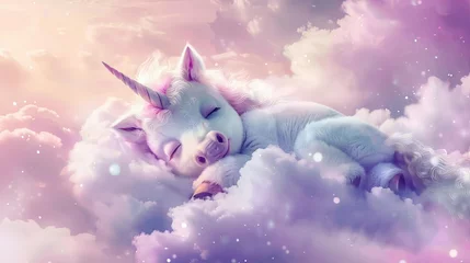 Tuinposter Adorable baby unicorn sleeping on fluffy cloud, dreamy pastel fantasy, children's digital painting © Bijac