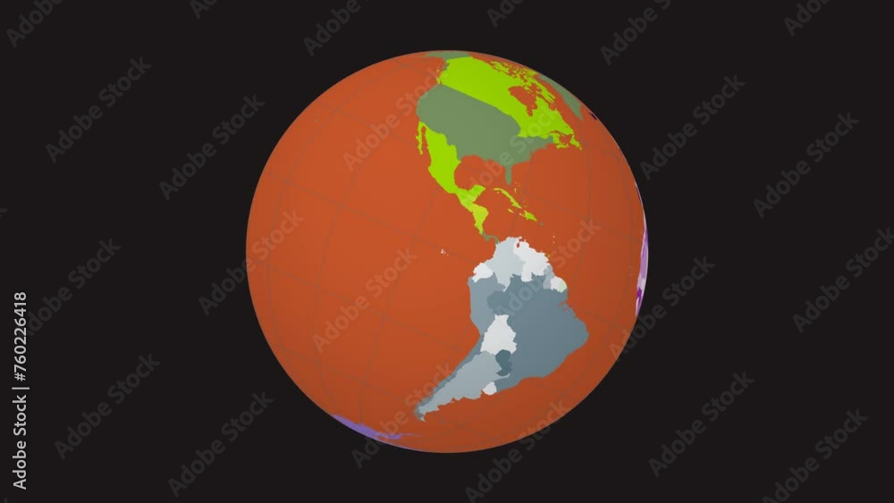 Poster rotating earth. tilted sphere view. fast speed planet rotation. colored countries style. world map w