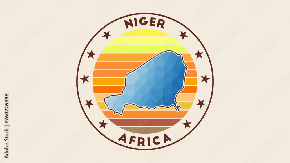 Poster niger intro video. badge with the circular name and map of the country in low poly tech geometric st