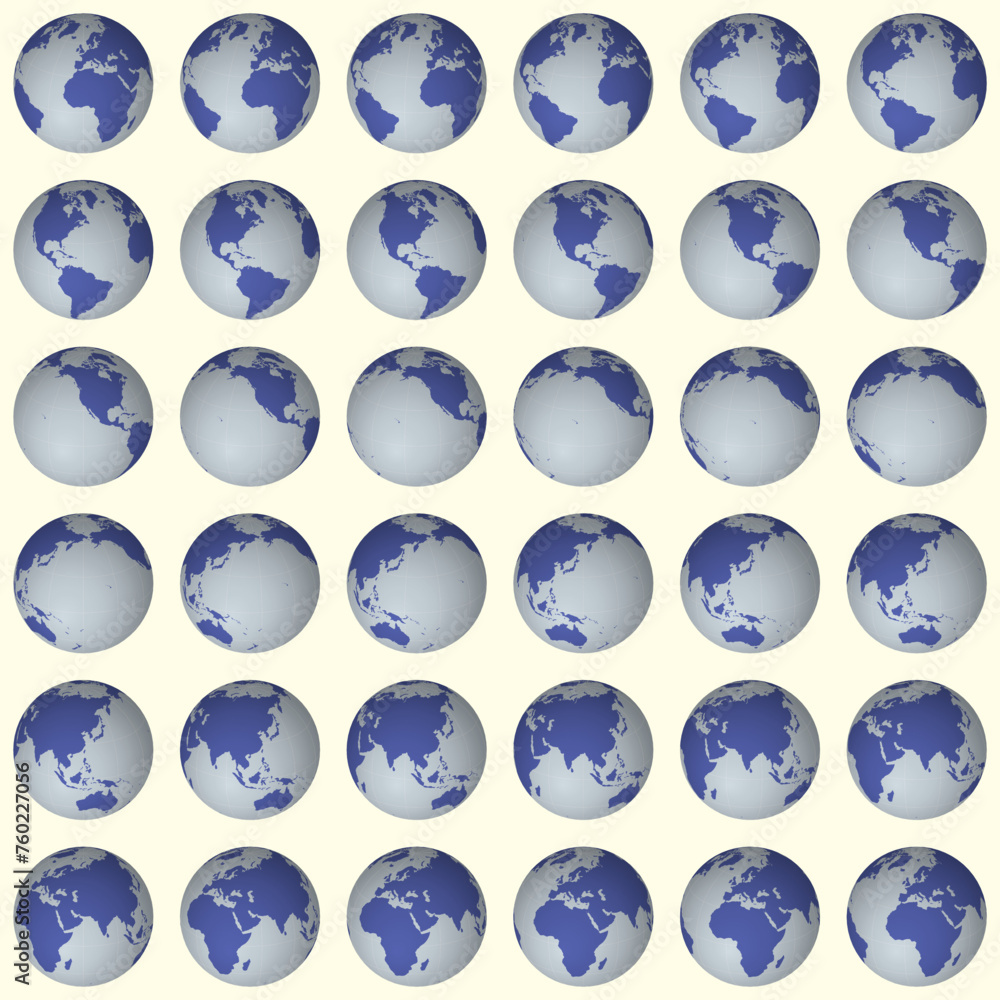 Poster collection of planet globes. slanted sphere view. rotation step 10 degrees. solid color style. world