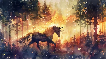 Crédence de cuisine en verre imprimé Forêt des fées Enchanting Unicorn in Mystical Forest, Glowing Magic, Whimsical Watercolor Illustration