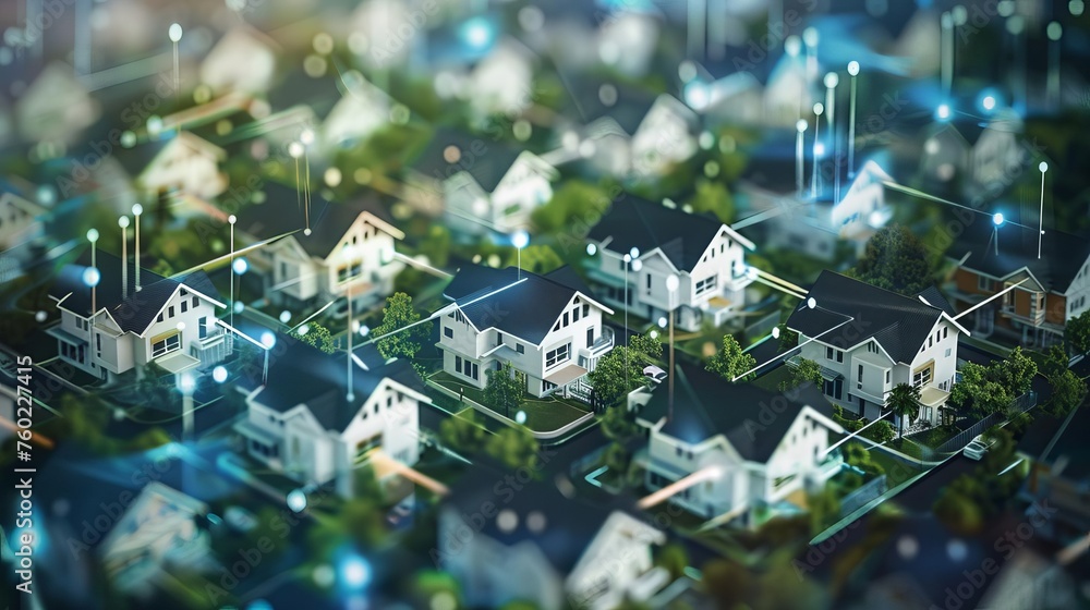 Poster futuristic digital community with smart homes connected through a complex data network