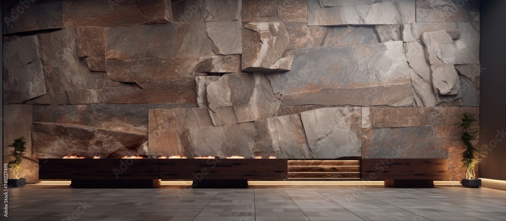 Poster the room features a backdrop of a large stone wall, contrasting with the wood flooring and rectangul